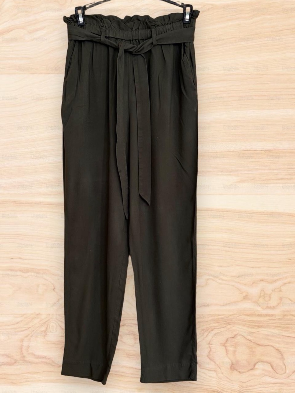 H&M High-Rise Waist Olive Green Tapered Pants with Tie Belt